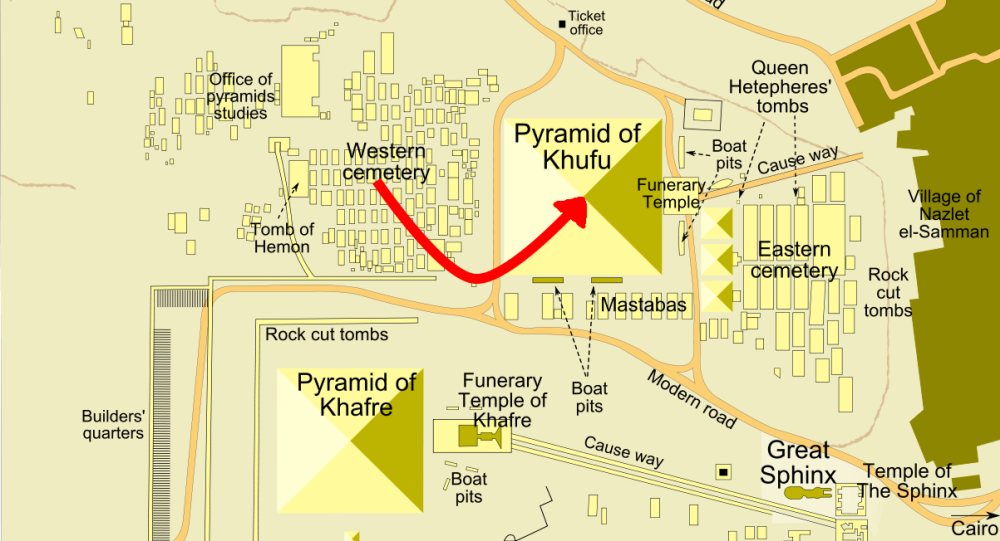 Map of the Pyramid complex. The red arrow is our route up. Source: Wikipedia