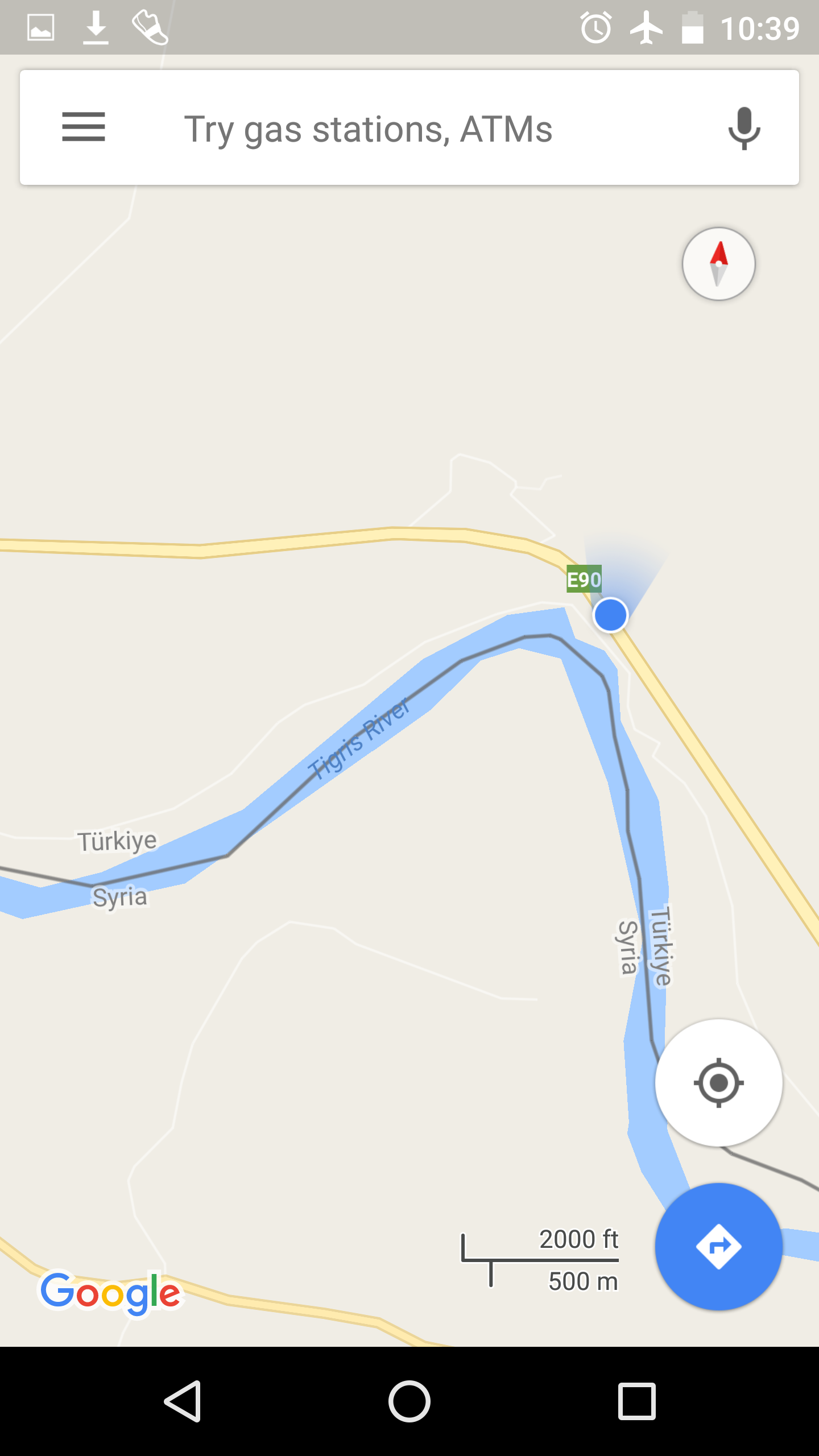 Screenshot of Google Maps, showing how close we were to Syria/Rojava
