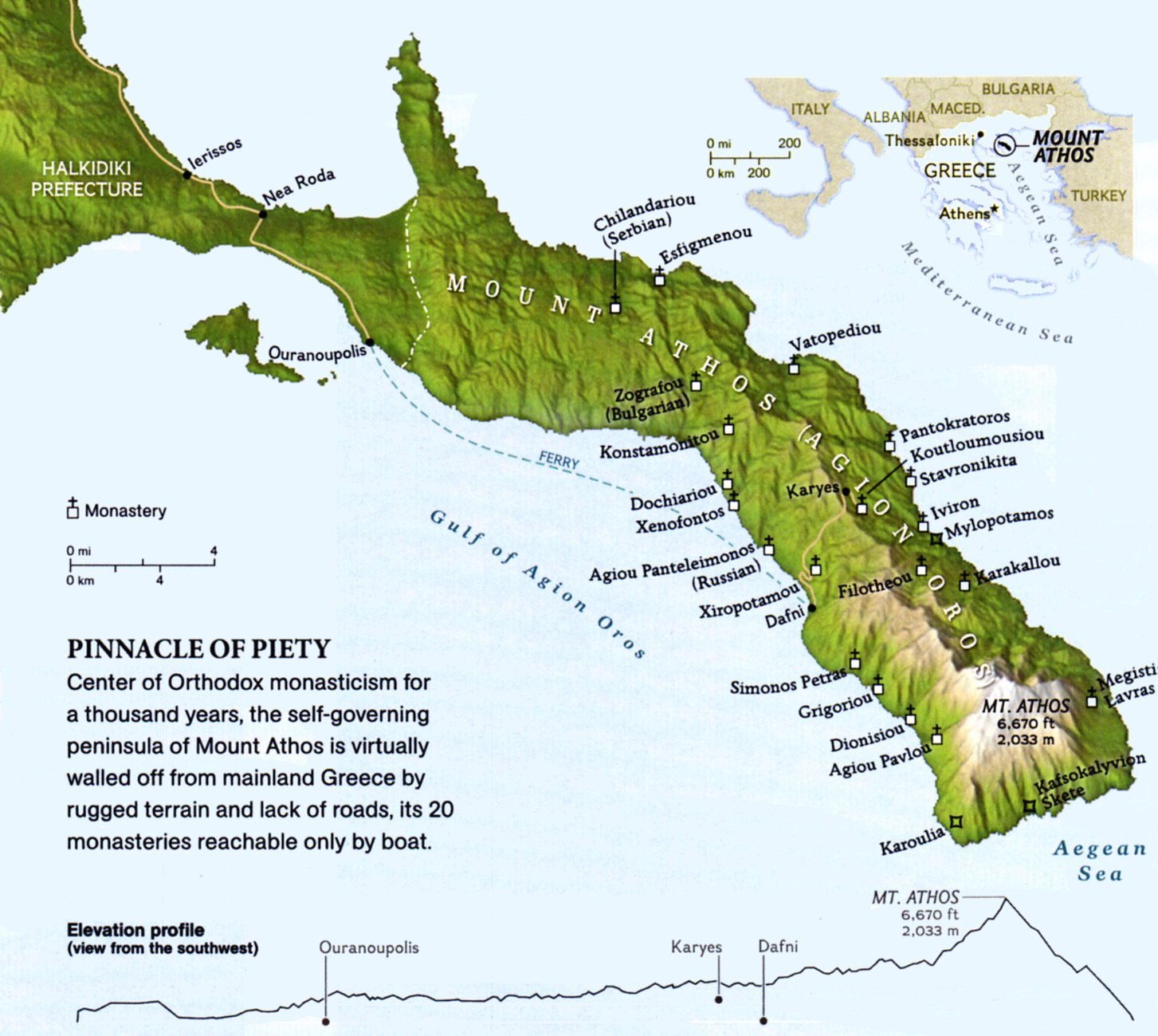 A map of the monasteries on the Mt Athos peninsula